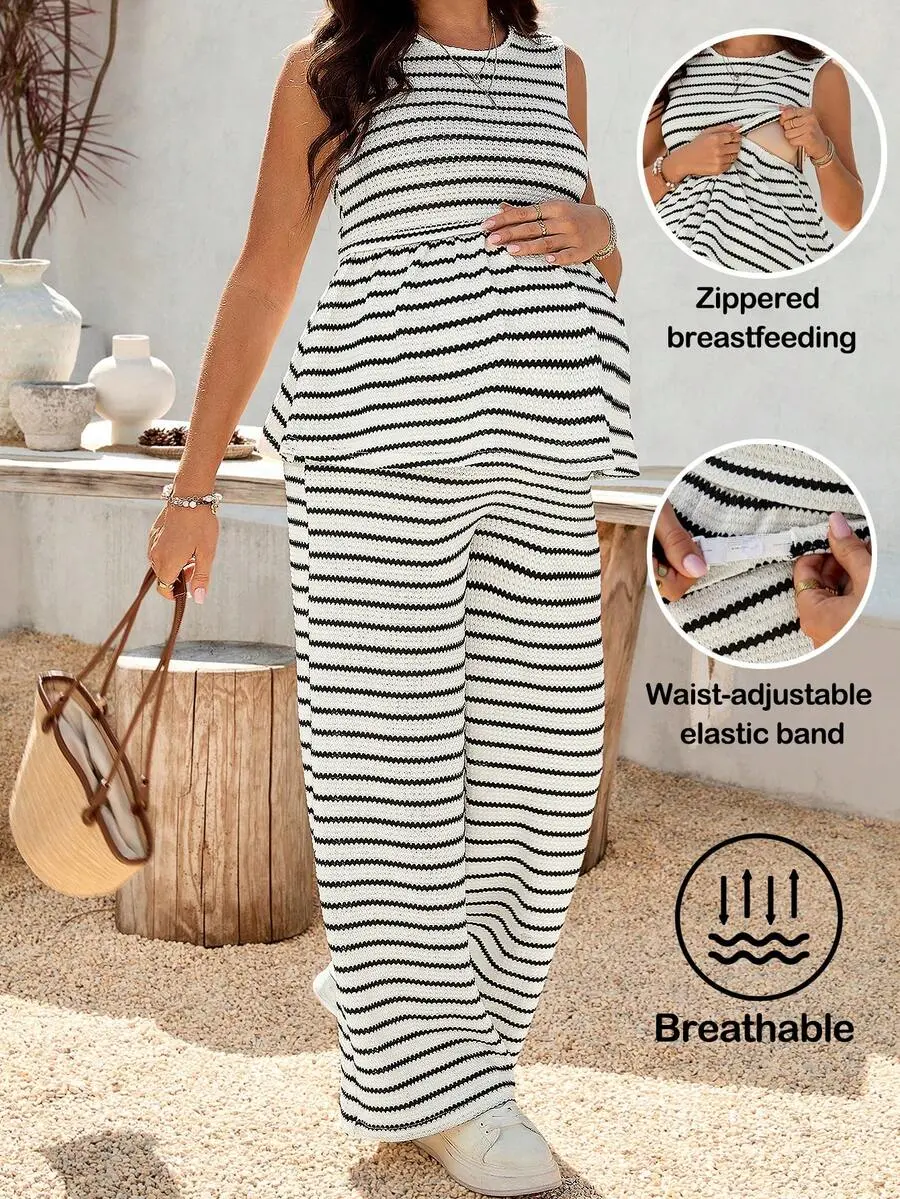 NANCY Maternity 2pcs Maternity Casual Striped Camisole And Pants Breastfeeding Set