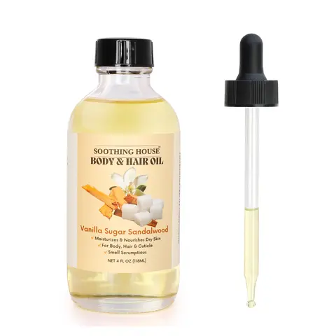Soothing House Vanilla Sugar Sandalwood Scented Nourishing Body Oil Moisturizer - 4 fl oz Gentle, Hydrating Formula with Natural Coconut & Olive Oils for Dryness, Cuticle Care (Hair & Body Use, Single Item)