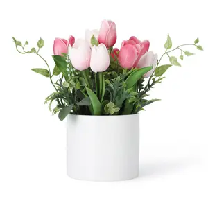 Garvee Ceramic Vase with Realistic Artificial Tulips and Decorative Water, Perfect for Restaurants, Weddings, and Home Decor, Featuring 10 Bright Yellow Stems, Dimensions 8.66" W x 6.89" H