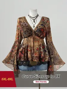 CURVE+ Plus Size Women's Printed Mesh Blouse, Elegant Sheer Long Sleeve Top for Autumn/Winter Outfits