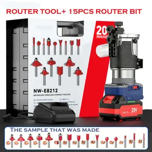 Electric Woodworking Trimming Machine 20V Cordless Router with 15-Piece Carbide Milling Cutters 6.0Ah Battery Precision Cutting Durable Design for Woodworking Tool