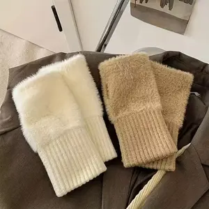 2 Pairs Women's Winter Plush Mittens, Hand- Fingerless Gloves in Black/White/Khaki. Essential for Outdoor Wear This Season and a Gift, Seasonal Essentials, Elegant Mittens, Stylish Winter Wear, Warm Knitwear, Soft Plush Material, Knitted Mittens