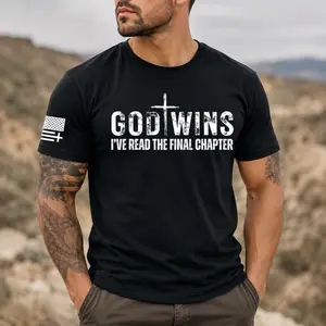 TRENZ SHIRT COMPANY Men's God Wins T-Shirt, Casual Christian Faith Biblical Print Tee in 100% Cotton, Relaxed Fit Short-Sleeve Crewneck, Biblical Print Men's Short-Sleeve T-Shirts