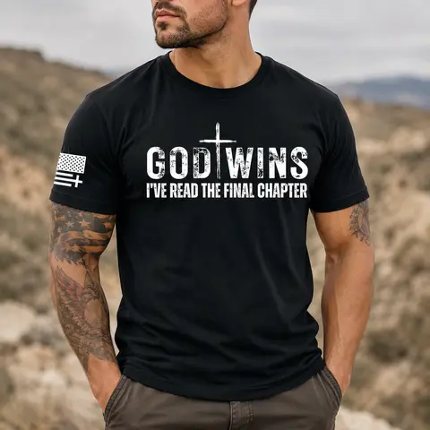 TRENZ SHIRT COMPANY Men's God Wins Faith Statement Tee, 100% Breathable Cotton Casual Christian Biblical Graphic Tops, Relaxed Fit Short-Sleeve Crew Neck with Classic Look for Easy Wear