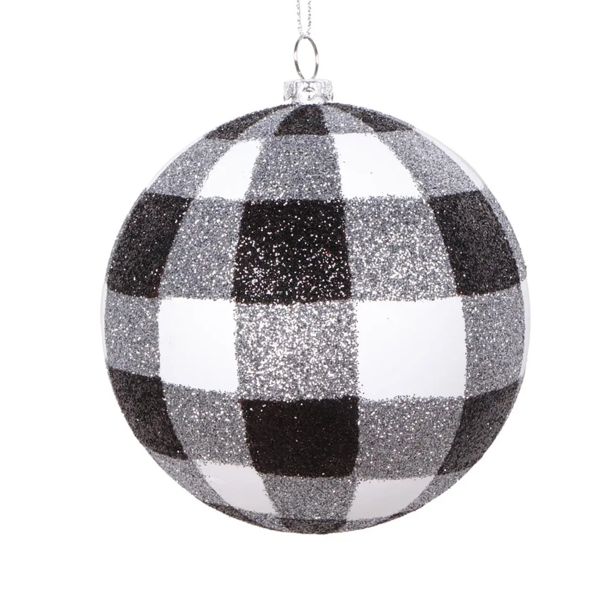 212 MAIN 4 in. Plastic Plaid Glitter Ball Hanging Ornament, White & Black - 3 per Bag, Classic Hanging Ornaments with Glitter Finish, Party Decor & Casual Festive Decoration