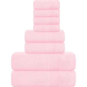 8 Piece 100% Ring Spun Cotton Towel Set - Includes 2 Bath Towels 27x54, 2 Hand Towels 16x28, 4 Washcloths 13x13, Ultra Soft Highly Absorbent Machine Washable Hotel Spa Quality Towels - Pink