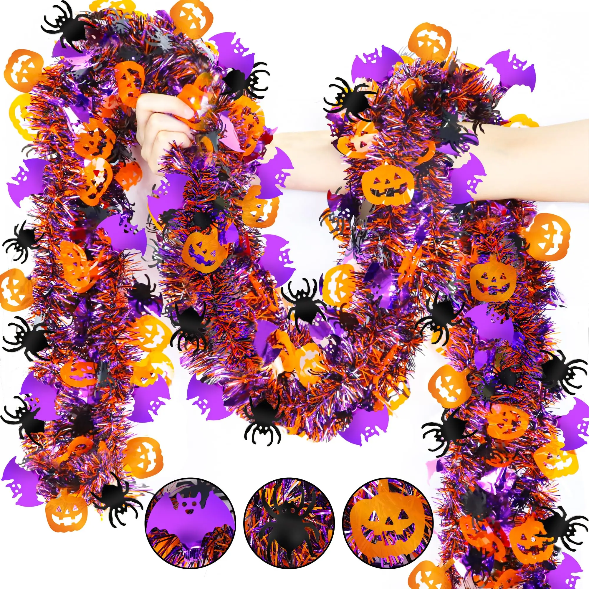 Halloween Glitter Tinsel Garland Set, 2-Pack 6.56 ft Shiny Foil Strands with Pumpkin Bat Spider Accents, 13.12 ft LED Light String for Indoor Outdoor Home Party Tree Car Golf Cart Decor (Orange Black Purple)