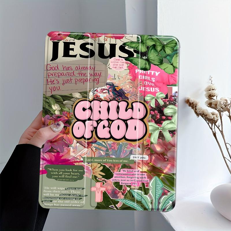 "Child of God" Floral Collage Design iPad Case, Transparent Acrylic Stand Cover, Pencil Holder & Charger Slot, Fits iPad Pro/air/mini, Perfect Gift Shock-resistant Full Cover Protective Case Suitable for Offices Schools and Homes