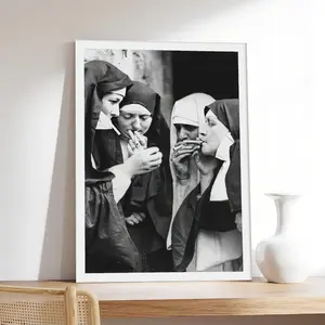 Nuns Smoking _ Funny Vintage Old Black & White Photography,vintage, couple，Minimalist Neutral Poster Print, Aesthetic Wall Decor for Bedroom,canvas,posters,wall art.