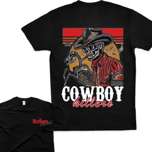 MarlBoro Cowboy Killer Vintage Style American Double T-Shirt Casual，Classic Cotton Menswear, digital print street t-shirts Top Collar，Unisex T-Shirt