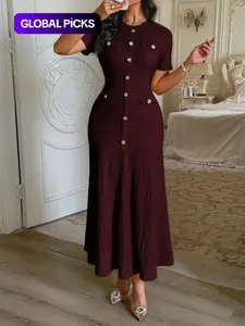 Pure Color Casual Button Decor Long Dress, Fitted Short Sleeve Plain Design, Women's Lady Fashionable Long Gown for Everyday Wear Womenswear