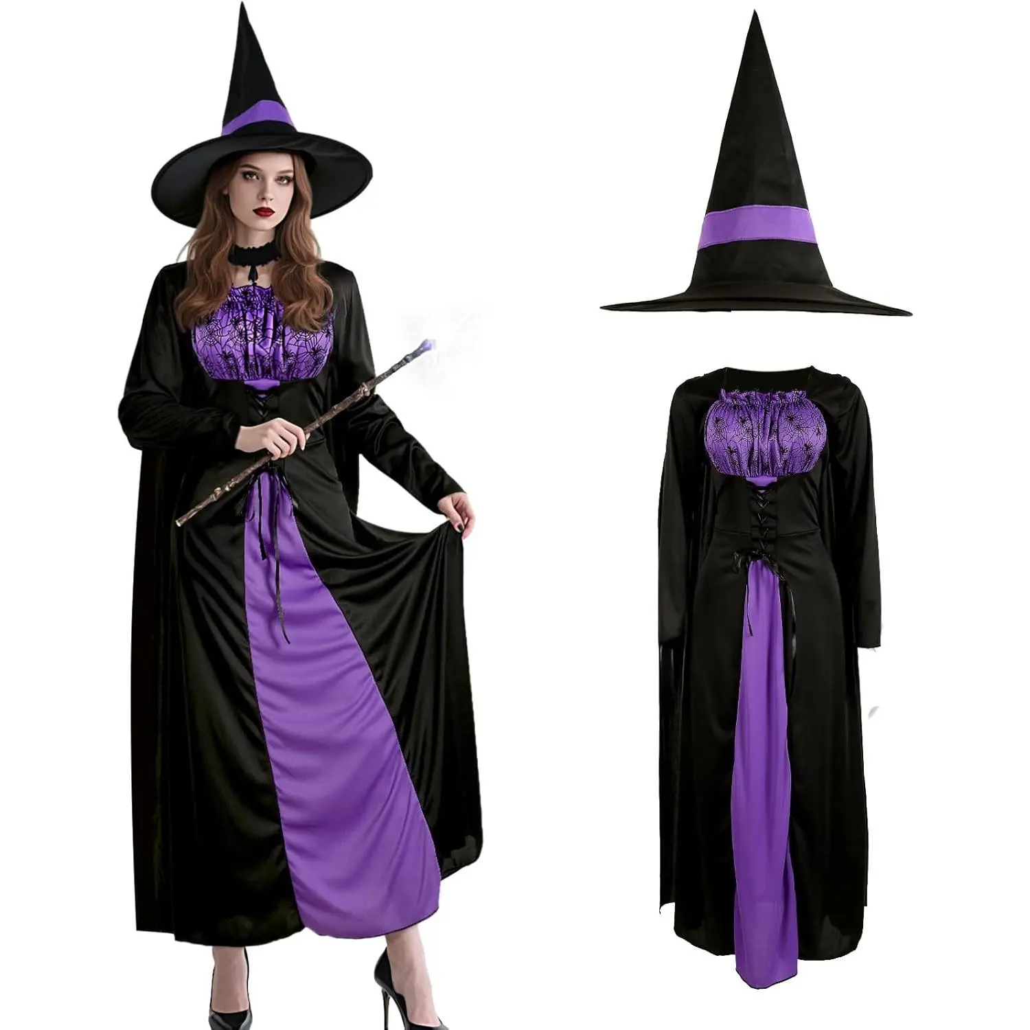 Women's Medieval Corset Witch Costume Set - Lightweight Fabric Clothes with Matching Witch Hat, Halloween Wicked Dress & Accessories, Fit, Lady