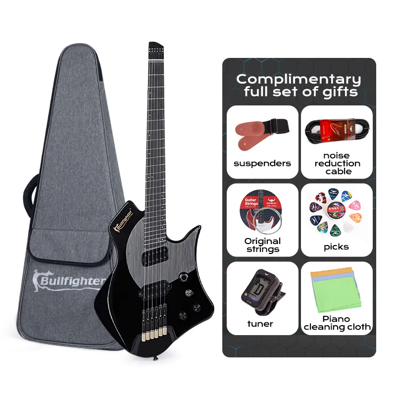 Bullfighter D350 Headless Electric Guitar & Bundle — 24-Fret Fanned-Fret (Multi-Scale) Fingerboard; Portable Electric Guitar; Modern Ergonomic Design Crafted for Players Seeking Advanced Playing Techniques.