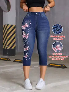 Women's Tight Fit Seven-Quarter Pants, Faux Denim Print, Slim-Fitting Casual Bottoms, All Season Wear, Comfortable and Stylish, Skinny
