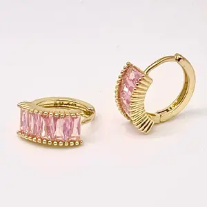 Hoops Gold Filled Earrings Pink Stone Huggie Style Aretes Oro Laminado Fashionable and Elegant Design