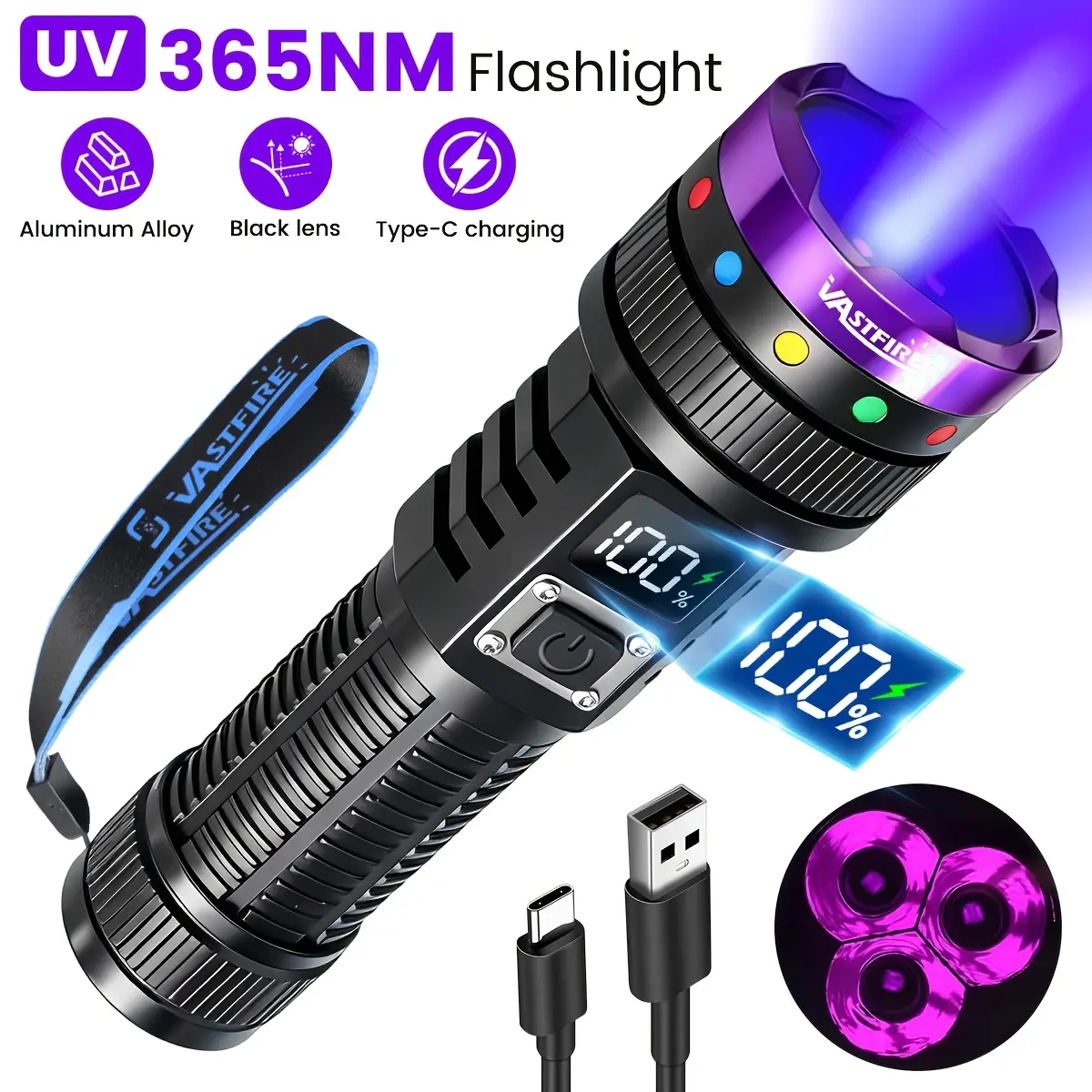 365nm Rechargeable UV Flashlight with Filter Lens, LCD Power Display, Black Light for Pet Urine Detection, Resin Curing, Camping & Hiking Sports & Outdoor Use, Digital Display, High Brightness, Urine Detector, Uv Illumination, Compact Form