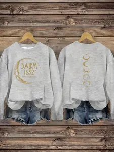 Women's Casual Moon Print Pullover Sweater, Soft Long Sleeve Round Neck Sweatshirt, Comfortable Daily Wear