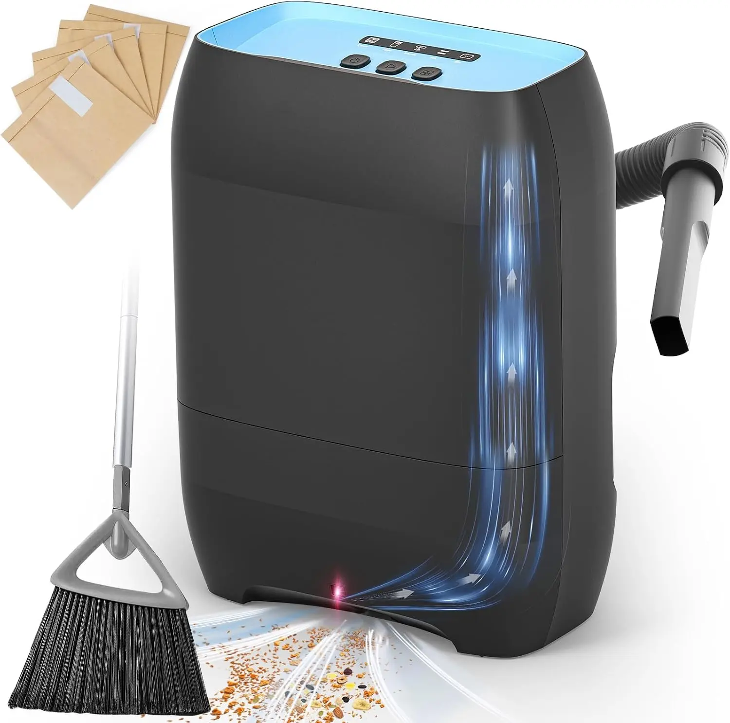 Touchless Vacuum Automatic Dustpan, Electric Dustpan with 5-Pack Disposable Dust Bags, 17KPA Strong Suction, IR Sensor, LED Alerts, Handheld Accessories for Floors/Corners/Pet Hair/Salons