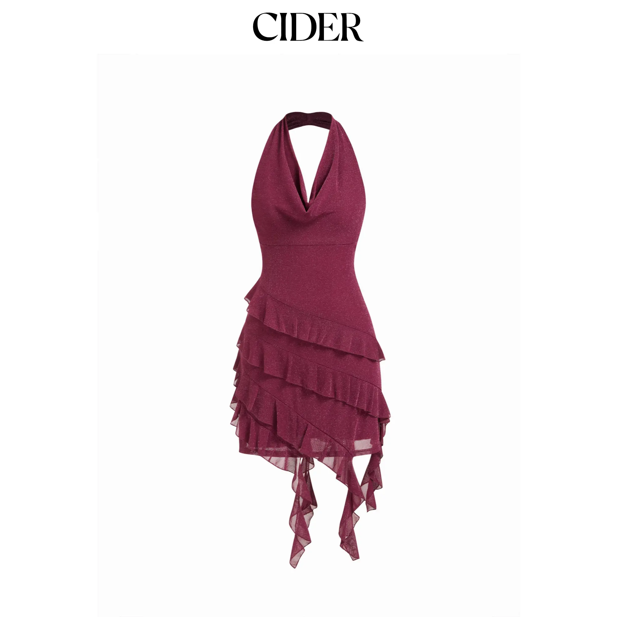 Cider Shimmer Cowl Neck Asymmetrical Ruffle Hem Mini Dress