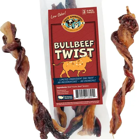 Pack Approved Bull Beef Twist- 2 Ingredient Dog Chews- 9" (3ct) High Protein Treats