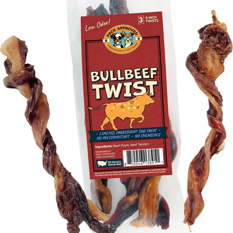Pack Approved Bull Beef Twist- 2 Ingredient Dog Chews- 9" (3ct) High Protein Treats