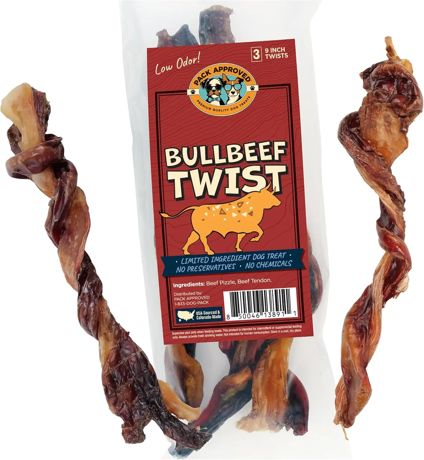 Pack Approved Bull Beef Twist- 2 Ingredient Dog Chews- 9" (3ct) High Protein Treats