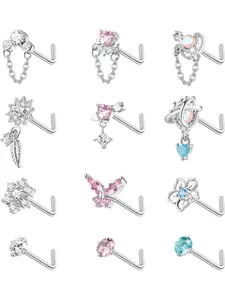 12 Pcs Silvery Delicate Dangle Nose Studs for Women Men Stainless Steel Copper L Shaped Nose Piercings Sweet Heart Flower Dazzling CZ Snowflake Butterfly Dangling Nose Piercing Jewelry Set for Daily Wear Party Festival