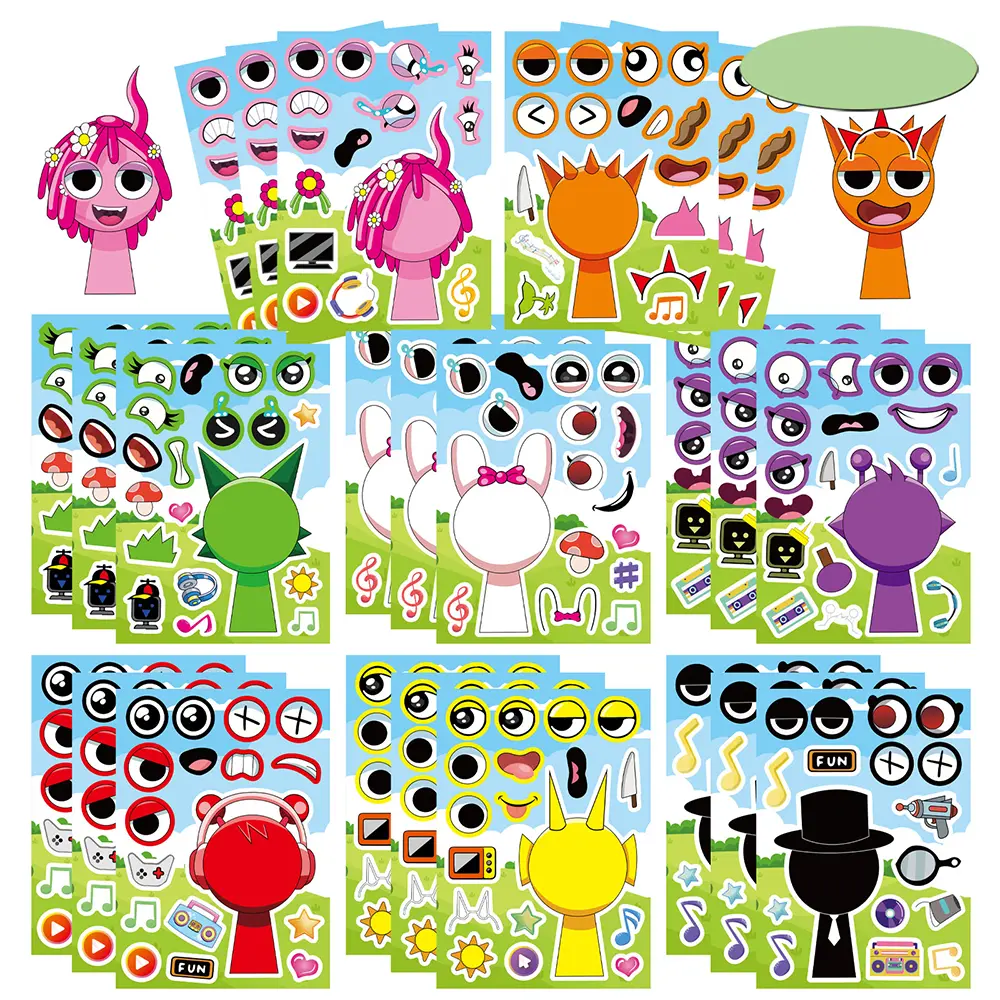 Unisex Beginner Anime Fun Craft Stickers - 8/16 Sheets Character-Based Cartoon Face Puzzle Decals, DIY Kids Cognitive Development Toy, Party Gift