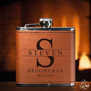 Custom Engraved Groomsmen Flask - Personalized PU Leather Wedding Party Gift - 6oz Best Man & Groomsman Proposal Flask