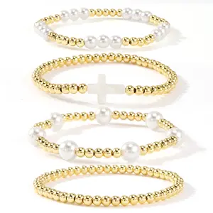 Shinus Boho Christian Gold Beaded Bracelets for Women Stretch 14K Gold Beads Boho Pearl Cross cute Bracelet Stack Non Tarnish Trendy Stackable Jewelry Set Friendship gift for her