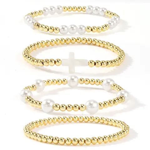 Shinus Women's Boho Christian Gold-Plated Beaded Bracelet Set - Pearl Cross, Exquisite High Quality Fashion Bracelets, Tarnish Proof Stretch Fit, Easy Slip-On, Layerable, Friendship Gift, Exquisite Bracelet