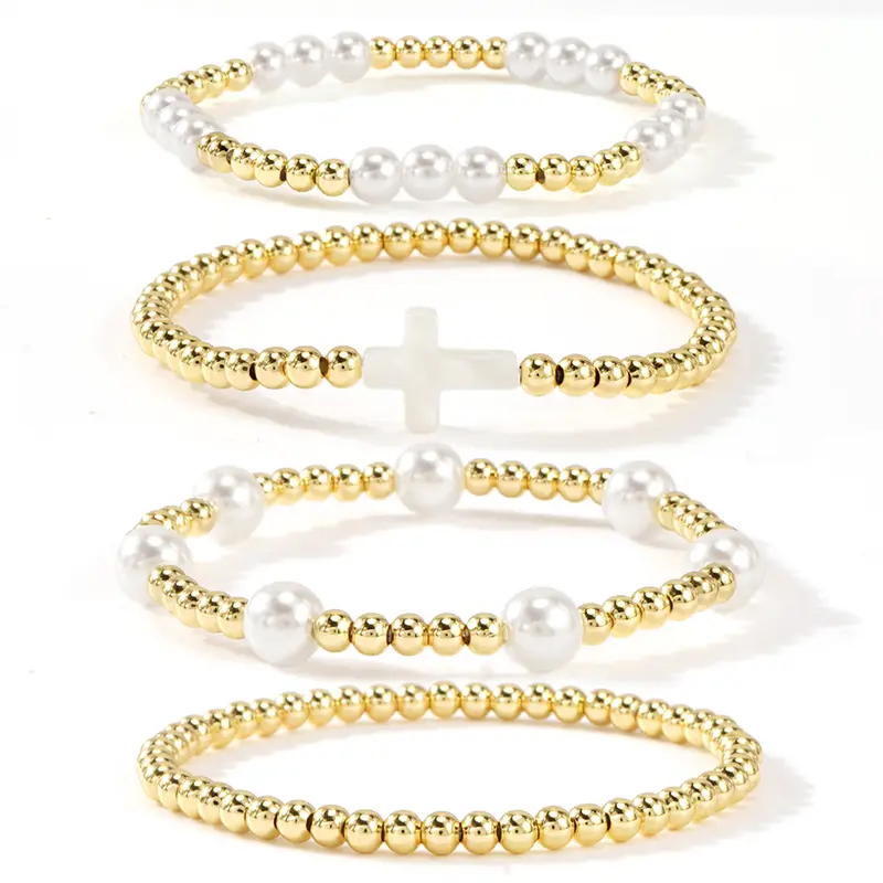 Shinus Women's Boho Christian Gold-Plated Beaded Bracelet Set - Pearl Cross, Exquisite High Quality Fashion Bracelets, Tarnish Proof Stretch Fit, Easy Slip-On, Layerable, Friendship Gift, Exquisite Bracelet