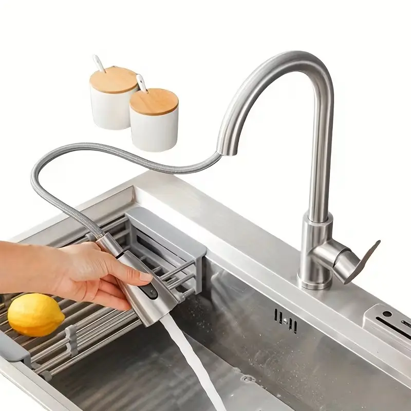 One Piece Stainless Steel Kitchen Faucet with a Pull-Out Switch for Both Cold And Hot Water, Designed to Prevent Splashing While Stretching Over The Sink Or Basin, High Arc Faucet, Splash Proof Faucet