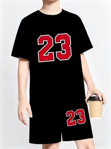 Boys' Basketball Set, Sportswear Set, Short Sleeves & Shorts, Sports Jersey Top, Fitted Design, Cartoon Pattern, Casual Wear, Perfect for Summer Activities