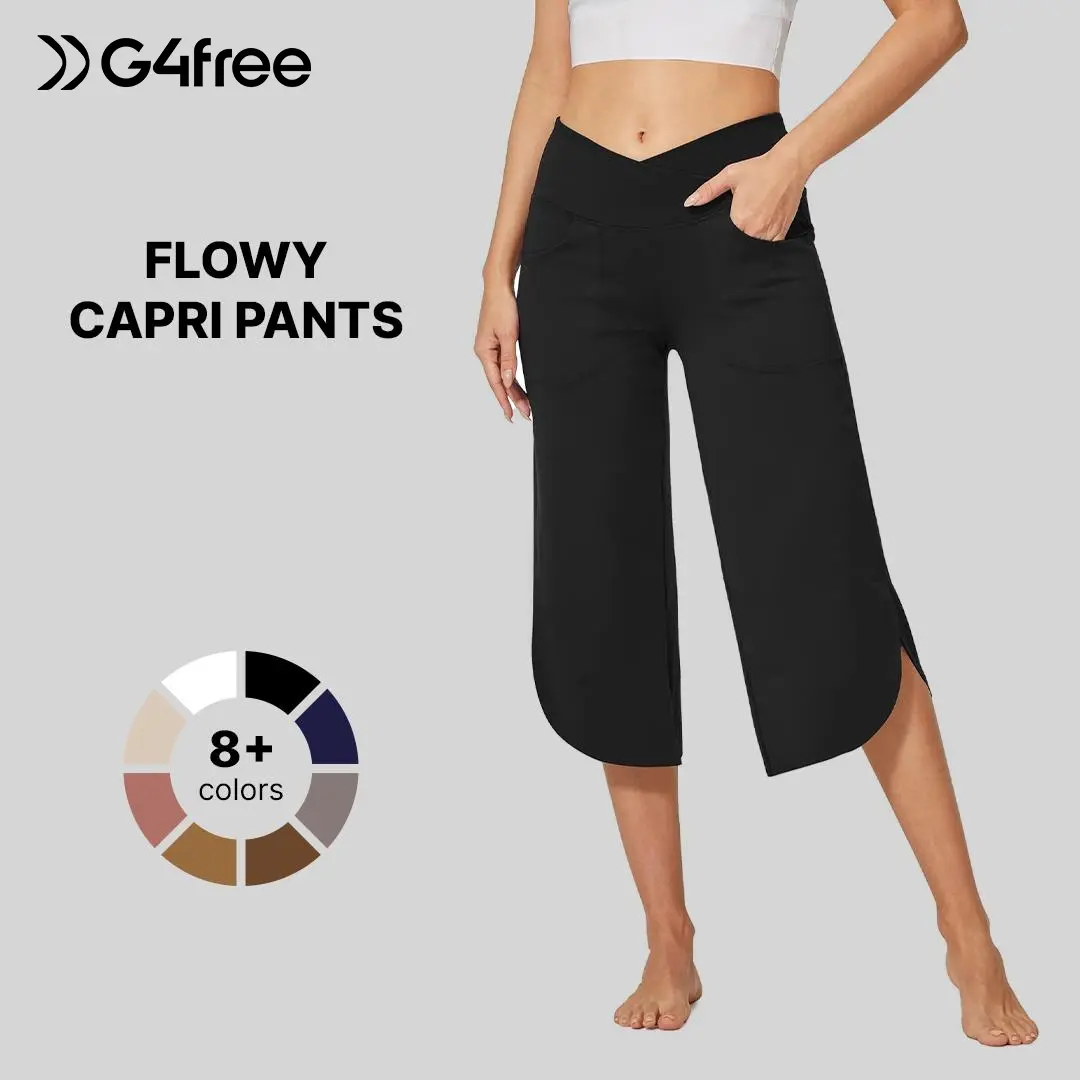 G4Free Wide Leg High Waisted Pockets Crossover Capri Work Pants 21'' Womenswear Bottom Casual Chic Baggy Breathable