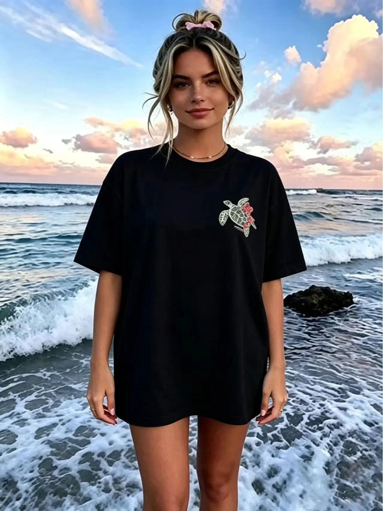Sea Turtle Hibiscus Graphic Tee, Women Short Sleeve Beachy Summer Vacation Shirt, Casual Soft Cotton Crewneck Top, Tropical Floral Ocean Design, Lightweight Breathable Daily Wear, Stylish Vacation Casual Appare