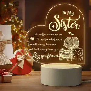 To My Sister Acrylic Night Light, Heart-Shaped LED Lamp, Gift for Sister & Sibling, Personalized Bedroom Decor, Birthday Christmas Gift for Sister/Brother romantic indoor xmas ambient countdown festive outdoor waterproof desk cabinet closet joke lover