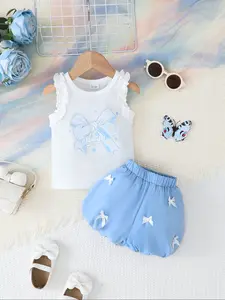 Summer Cute Baby Girl Set, Round Neck Sleeveless Bow Print Top & Blue Elastic Waist Lantern Shorts, Butterfly Decor Baby Clothing