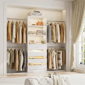 Unikito Closet Organizer System, 4-9Ft Adjustable Walk-in Wardrobe, 4 Wooden Drawers Storage Tower, Garment Rack with 4 Hanging Rods, Customizable Closet Solution for Bedroom