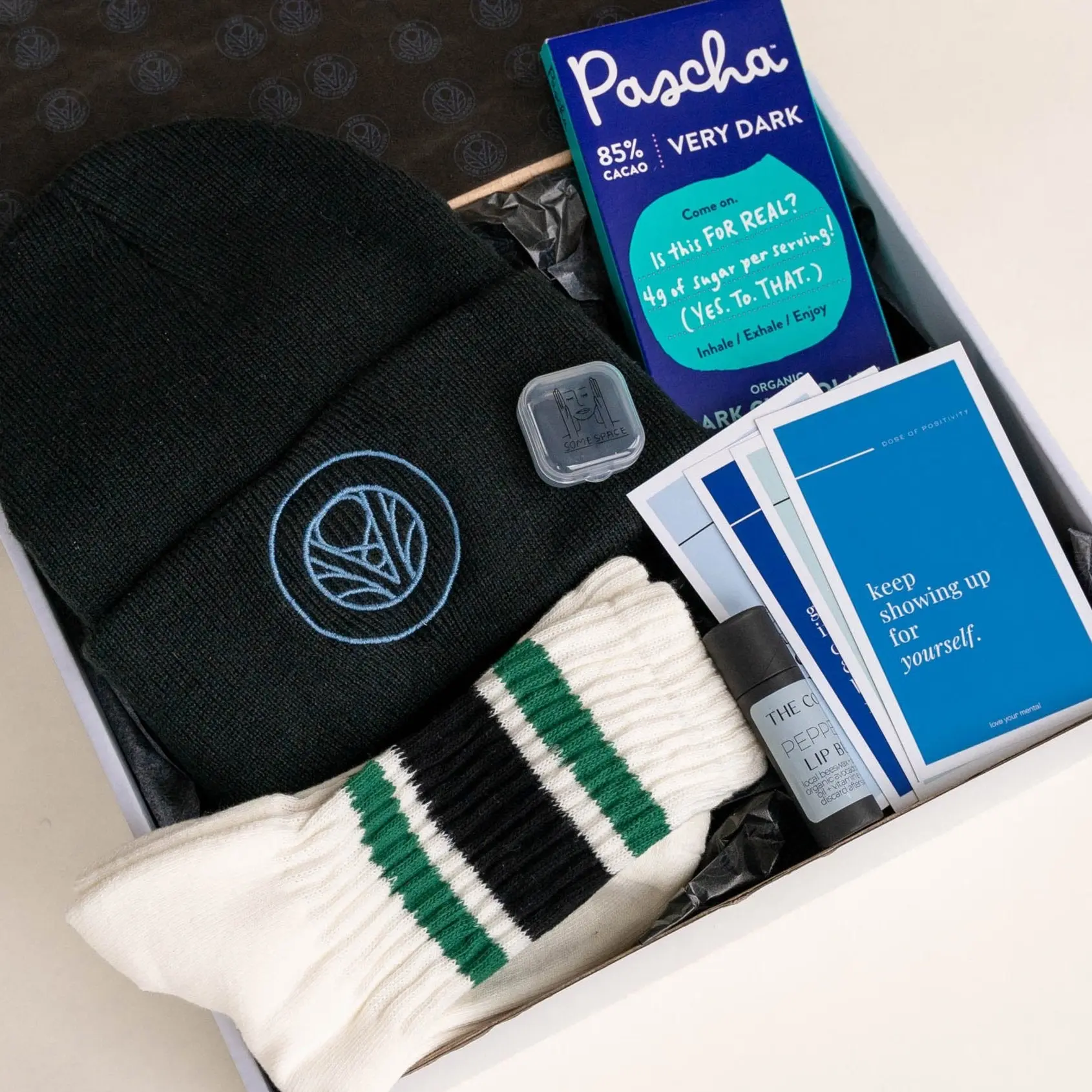 VIMS Winter Hugs Care Package - Cozy Beanie, Organic Lip Butter, Vegan Chocolate, Retro Socks & Inspirational Cards