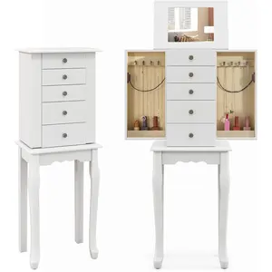 Karl home Jewelry Cabinet Armoire Chest with 4 Drawers, Flip Top Mirror, Top Storage Compartments, 2 Side Doors with 8 Necklace Hooks, 2 Shelves, White Standing Jewelry Organizer Box for Girls Gift