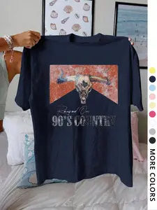 Women's T-Shirt 90's Country Cow Head Pattern, Casual Fashion Streetwear, Comfortable All Season Bandit Top, Babydoll Style