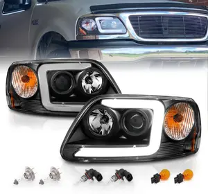 AmeriLite for 1997-2003 Ford F150 Expedition Pickup Truck Black C-Type LED Tube Projector Replacement Headlights Set - Driver and Passenger Side