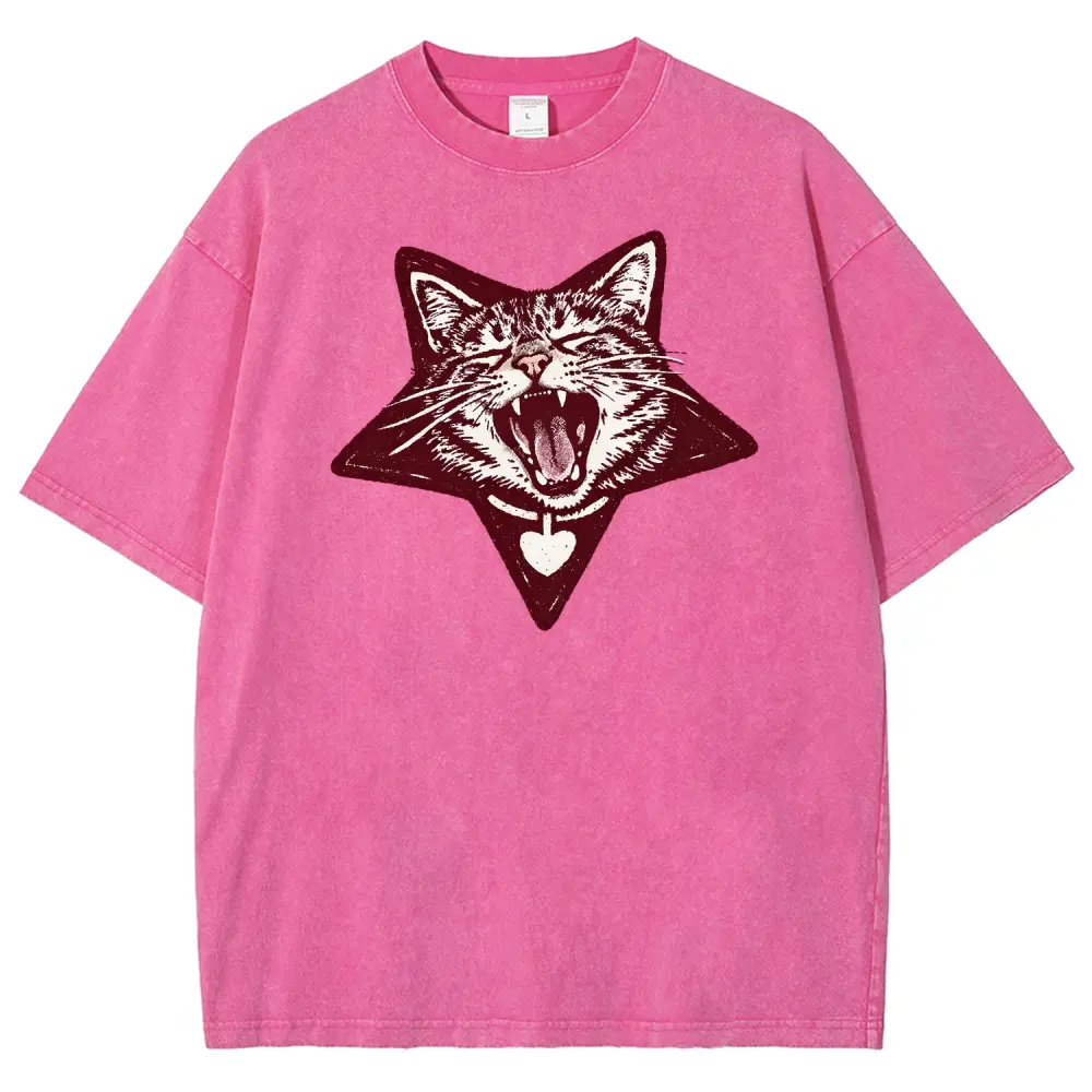 Vintage Y2K Red Pentagram Screaming Cat Vintage Washed Tee 90s Men's Graphic Tee t Shirts Funny Graphic Tee Good Graphic Tees Graphic Tees Streetwear Outfits Men Vacation Outfits Oversized Tshirt Men