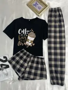 Women's Cute Sleepwear Three-Piece Set, Cartoon Print Round Neck Short Sleeve T-Shirt, Plaid Shorts and Pants, Comfortable Casual Home Wear, Pajama, Loungewear