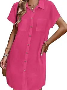 ZEAGOO Womens Button Down Shirt Dress Summer Cotton Linen Dress V-Neck Mini Dress Casual Short Sleeve Loose Tunic Dresses