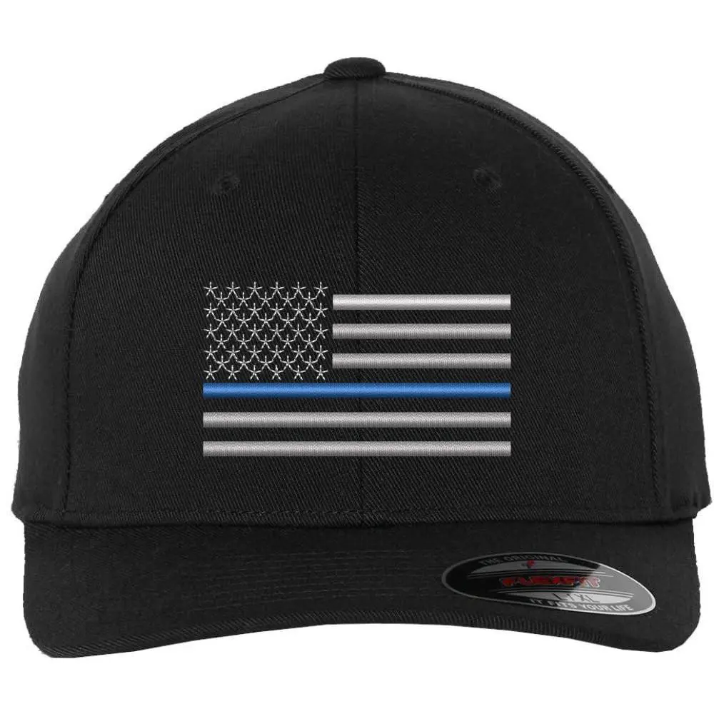 Thin Blue Line USA Flag Hat American Flag FLEX FIT Fitted Baseball Cap Support Law Enforcement & Police Officers