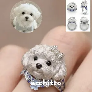 [Velvet Snow King Star] Cute Bichon Dog Ring Blue Zircon Bow Pet Commemorative Niche Ring