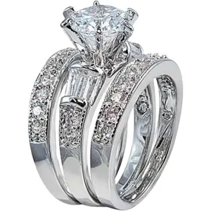 Luxury Silver Bridal Ring Sets Cut CZ Engagement Rings Bridal ring AAA Cubic Zirconia CZ Full Diamond Engagements Rings Wedding 3pc rings of cubic zircon Jewelry Gift for Women