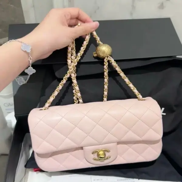 ‮ LENAHC  ‬Classic Flap Quilted Lambskin Leather Light Pink Gold‑Ball Adjustable Chain Women Crossbody Shoulder Handbag
